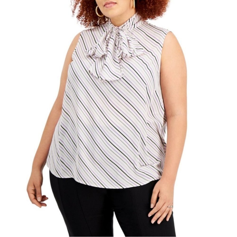 Bar Iii Womens Plus Size Bias Striped Tie-Neck Blouse White 1X